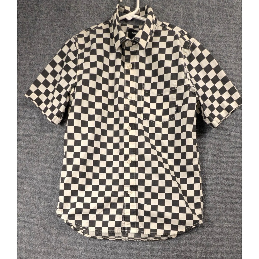 Vans Boys Checkerboard Button Front Shirt Black White Checkered Short Sleeve M - Picture 2 of 9
